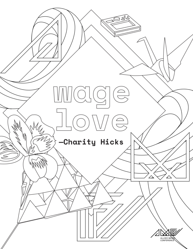 Coloring page featuring line artwork of a flower, kite, crane, and the AMC logo. The text reads "Wage Love — Charity Hicks"