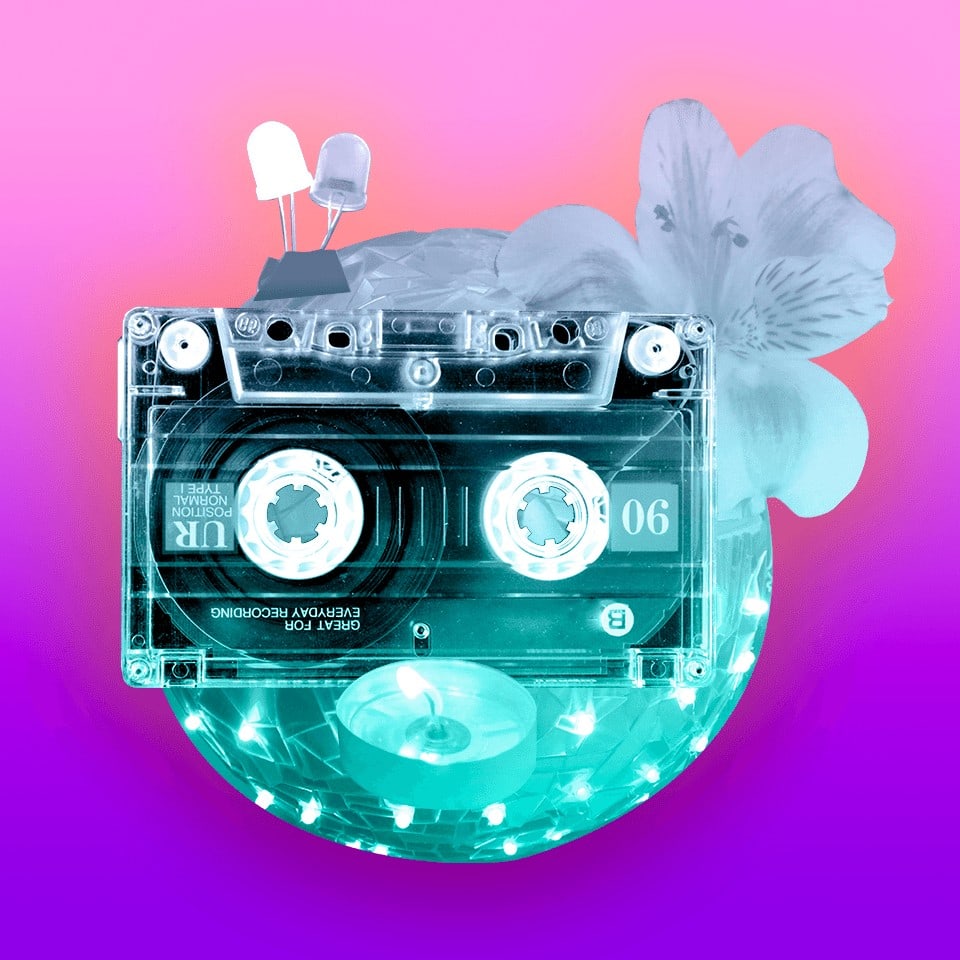 A collaged face made up of various AMC media: a discoball, an orchid, a cassette tape, and LEDs