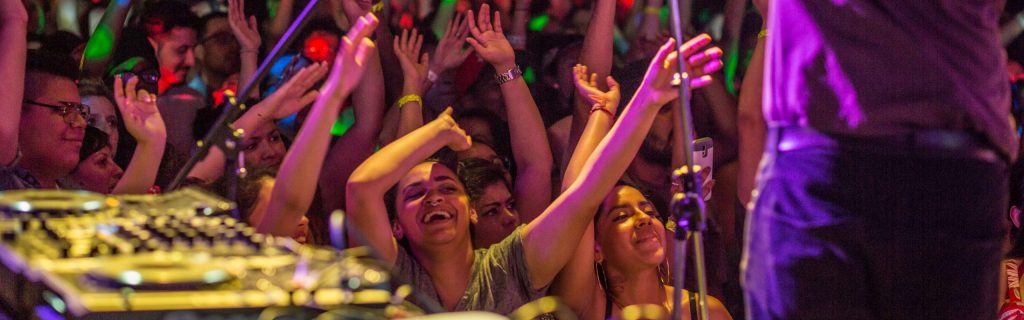 Image of a crowd from the point of view of behind the performer. The people in the crowd are smiling and dancing.
